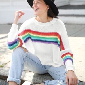 Wooden Ships Rainbow White Cotton Blend Pullover Sweater size S/M